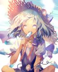  blue_dress blue_eyes blue_hair blush cirno convolvulus dress eating flower food hat hidden_star_in_four_seasons ice ice_wings leaf plant popsicle solo straw_hat tan tanned_cirno touhou vines wings yamakawa 