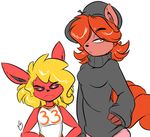  2016 anthro black_nose black_sclera blonde_hair cinnamon_swirl clothed clothing duckdraw duo eeveelution female flareon frown fur hair hair_over_eye inner_ear_fluff ivanna looking_at_viewer multi_tail nintendo orange_hair pok&eacute;mon red_eyes red_fur shirt simple_background sweater video_games vulpix white_background 