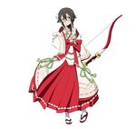  arrow asada_shino black_eyes black_hair bow_(weapon) full_body glasses hair_between_eyes hakama head_tilt holding holding_arrow holding_weapon japanese_clothes looking_at_viewer nontraditional_miko official_art red_hakama ribbon-trimmed_clothes ribbon-trimmed_sleeves ribbon_trim short_hair_with_long_locks sidelocks simple_background smile solo standing sword_art_online sword_art_online:_code_register tabi weapon white_background white_hakama white_legwear zouri 