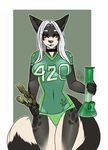  anthro blush bong canine clothed clothing drugs female hiddenwolf looking_at_viewer mammal smile solo standing tight_clothing wide_hips 