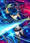  ahoge artoria_pendragon_(all) baseball_cap black_legwear black_shorts blonde_hair blue_jacket fate_(series) glasses hair_between_eyes hat himitsucalibur holding holding_sword holding_weapon jacket kousaki_rui looking_at_viewer mysterious_heroine_x open_mouth ponytail rojiura_satsuki:_chapter_heroine_sanctuary scarf semi-rimless_eyewear serious shorts sidelocks solo standing standing_on_one_leg sword thighs track_jacket weapon yellow_eyes 