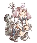  animal animal_on_head badge bunny bunny_on_head cannon frilled_skirt frills hair_bobbles hair_ornament kantai_collection karasu_(naoshow357) kneehighs long_hair machinery mast on_head one_eye_closed pink_eyes pink_hair puffy_short_sleeves puffy_sleeves remodel_(kantai_collection) sazanami_(kantai_collection) school_uniform serafuku short_sleeves simple_background skirt smokestack squatting torn_clothes turret twintails white_background white_legwear 
