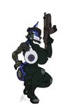  2017 android anthro big_breasts blue_eyes blue_fur bodysuit boots breasts clothing damage female footwear fur gun machine nipples ranged_weapon rifle robot robotic_reveal skinsuit solo talynn tight_clothing weapon 