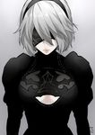  2017 black_dress black_hairband blindfold cleavage_cutout closed_eyes covered_eyes dated dress eyelashes gradient gradient_background hairband juliet_sleeves lips long_sleeves mole mole_under_mouth nier_(series) nier_automata puffy_sleeves short_hair signature upper_body wand3754 white_hair yorha_no._2_type_b 