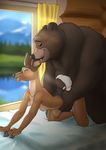  2017 all_fours anthro bear bed bite breasts brown_fur cervine countershading deer duo ear_biting eyes_closed female from_behind_position fur inside interspecies kneeling larger_male looking_pleasured male male/female mammal nude on_bed open_mouth sex size_difference smaller_female ukabor waist_grab window 