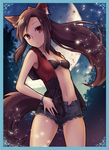  alternate_costume animal_ears bare_shoulders border bra breasts brooch brown_hair cleavage contemporary cowboy_shot crescent_moon denim denim_shorts expressionless floating_hair hood hood_down hoodie imaizumi_kagerou jewelry kaio_(watagami) long_hair looking_at_viewer midriff moon navel night night_sky no_shirt open_clothes open_hoodie ponytail red_eyes shirt short_shorts shorts sky sleeveless sleeveless_hoodie small_breasts solo stomach tail touhou unbuttoned underwear wolf_ears wolf_tail 