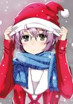  :&lt; blue_scarf blush breath brown_eyes closed_mouth glasses hands_on_headwear hat highres jpeg_artifacts nagato_yuki nagato_yuki-chan_no_shoushitsu over-rim_eyewear purple-framed_eyewear purple_hair puyo santa_hat scarf school_uniform semi-rimless_eyewear short_hair snow solo suzumiya_haruhi_no_shoushitsu suzumiya_haruhi_no_yuuutsu upper_body 