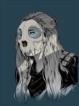  artist_name blue_background braid clarke_griffin curly_hair facial_mark glowing glowing_eyes limited_palette long_hair mask portrait simple_background skull solo the_100 thebitterone 