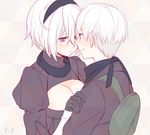  1girl aki663 black_gloves blindfold blue_eyes blush breasts cleavage cleavage_cutout closed_mouth couple face-to-face gloves hair_between_eyes hairband hand_on_another's_shoulder hetero highres large_breasts mole mole_under_mouth nier_(series) nier_automata short_hair white_hair yorha_no._2_type_b yorha_no._9_type_s 
