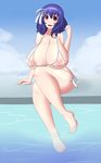  1girl areolae bikini blush breasts character_request full_body hairband huge_breasts inverted_nipples jcdr lactation looking_at_viewer nipples open_mouth purple_hair red_eyes seikon_no_qwaser sitting smile solo swimsuit tagme 
