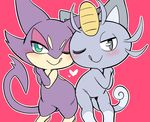 &lt;3 alolan_meowth cat cute duo feline feral fur green_eyes grey_eyes grey_fur hip_to_hip licking licking_lips looking_at_viewer mammal nintendo one_eye_closed pink_background pok&eacute;mon purple_fur purrloin regional_variant simple_background smile tongue tongue_out video_games wakasumire 