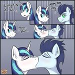  2014 absurd_res blue_eyes blush comic duo english_text equine eyes_closed feral friendship_is_magic green_eyes hair hi_res horn horse kissing looking_back male male/male mammal my_little_pony notsafeforhoofs pony shining_armor_(mlp) simple_background smile soarin_(mlp) surprise text unicorn wonderbolts_(mlp) 