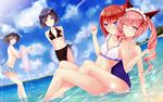  3girls akiha_rumiho alternate_hairstyle androgynous animal_ears beach bikini black_hair blue_eyes blush breasts cat_ears chao_wu_xing_xian cleavage cloud cloudy_sky day drill_hair embarrassed hair_bun hair_ornament hat innertube leg_lock long_hair looking_at_viewer maid_headdress makise_kurisu medium_breasts midriff multiple_girls navel ocean one-piece_swimsuit one_eye_closed open_mouth otoko_no_ko outdoors palm_tree partially_submerged pink_hair polka_dot polka_dot_bikini purple_eyes red_hair shiina_mayuri short_hair side-tie_bikini sitting skull_hair_ornament skull_print sky small_breasts smile standing steins;gate swimsuit tree twin_drills urushibara_ruka 