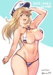  absurdres anhiru bare_arms bare_shoulders bikini blonde_hair blue_eyes breasts cleavage cowboy_shot dated groin halterneck highres large_breasts long_hair lowleg lowleg_bikini original revealing_clothes skindentation solo swimsuit twitter_username 