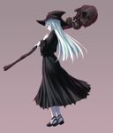  black_dress closed_mouth dress from_side full_body hat highres holding holding_staff long_hair original pale_skin profile red_eyes silver_hair smile solo staff standing tenmaso witch witch_hat 