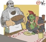  breasts cake clothed clothing dannyg duo facial_hair female food humanoid knife male muscular mustache orc smile standing 
