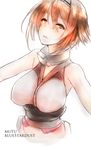  armpits artist_name breasts brown_eyes character_name collar headgear highres kantai_collection kojima_(blue_stardust) large_breasts lighting looking_at_viewer mutsu_(kantai_collection) short_hair sleeveless solo upper_body 