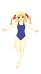  bangs bare_legs bare_shoulders barefoot beatmania beatmania_iidx blonde_hair braid breasts collarbone eyebrows_visible_through_hair full_body hair_ribbon highres kinoshita_ichi leg_up one-piece_swimsuit open_mouth red_eyes ribbon simple_background small_breasts smile solo swimsuit twin_braids white_background xiatian_(beatmania_iidx) 