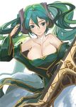  bare_shoulders breasts cleavage etwahl green_eyes green_hair large_breasts league_of_legends light_smile long_hair looking_at_viewer low_neckline pupps solo sona_buvelle twintails 