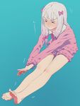  &gt;_&lt; 1girl :&lt; aqua_background bangs bare_legs barefoot bow closed_eyes closed_mouth commentary_request eromanga_sensei feet frills full_body grey_hair hair_bow highres izumi_sagiri leaning_forward legs_together long_hair long_legs long_sleeves pajamas pink_bow plantar_flexion simple_background soe solo stretch thighs toes trembling 