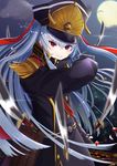  altair_(re:creators) building city closed_mouth cloud hat highres long_hair long_sleeves military military_uniform moon omelet_tomato re:creators red_eyes sash shako_cap silver_hair sky solo sword uniform weapon 