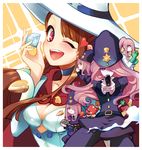  ;d bangs belt breasts brown_hair bullet cape choker cleavage cosplay cuffs diamond doctor gloves green_gloves hair_over_one_eye hat heart heart-shaped_pupils kagari_atsuko leila_(yurisouls) little_witch_academia long_hair medium_breasts multiple_girls multiple_persona mushroom one_eye_closed open_mouth pale_skin pink_hair pointing pointing_at_viewer police police_uniform ponytail purple_hair red_hair shiny_chariot shiny_chariot_(cosplay) smile sucy_manbavaran symbol-shaped_pupils taser uniform very_long_hair witch_hat 