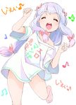  :d ^_^ adrenaline!!! bangs barefoot beamed_eighth_notes beamed_sixteenth_notes bottomless bow closed_eyes commentary eighth_note eromanga_sensei eyebrows_visible_through_hair facing_viewer hair_bow hands_up happy izumi_sagiri leaning_to_the_side leg_up long_hair magenta_(atyana) musical_note naked_shirt off_shoulder open_mouth pink_bow purple_hair quarter_note shirt simple_background smile solo t-shirt teeth thighs white_background 