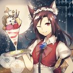  :3 ;) alternate_costume animal_ears argyle banana bow brooch brown_hair chocolate_syrup closed_mouth collared_shirt crescent_moon enmaided flower food frilled_shirt_collar frills fruit hand_up holding holding_tray ice_cream imaizumi_kagerou jewelry kaio_(watagami) long_hair looking_at_viewer maid maid_headdress moon night night_sky one_eye_closed parfait pocky puffy_short_sleeves puffy_sleeves red_eyes serving shirt short_sleeves sky smile solo sprinkles star star_(sky) starry_sky strawberry sundae touhou tray upper_body vest wing_collar wolf_ears 