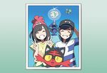  1girl arm_behind_head bangs baseball_cap beanie black_hair black_hat blue_background bubble closed_eyes diffraction_spikes double_v doyagao floral_print flying gen_7_pokemon gradient gradient_background hat highres litten mizuki_(pokemon) official_style oomura_yuusuke photo_(object) pokemon pokemon_(creature) pokemon_(game) pokemon_sm popplio red_hat rowlet shirt short_hair short_sleeves simple_background smile striped striped_shirt swept_bangs t-shirt tapu_koko tied_shirt upper_body v you_(pokemon) 