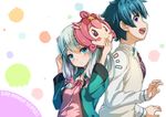  1girl back-to-back bangs blue_eyes blue_hair blush closed_mouth collared_shirt commentary_request copyright_name eromanga_sensei eyebrows_visible_through_hair grey_hair hellnyaa hoshikuzu_witch_meruru izumi_masamune izumi_sagiri jacket light_smile long_hair long_sleeves mask mask_on_head meruru_(oreimo) necktie open_clothes open_jacket open_mouth pajamas profile purple_eyes purple_neckwear school_uniform shirt smile striped striped_neckwear sweater_vest teeth upper_body 