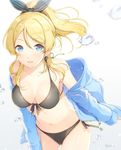  6u_(eternal_land) ayase_eli bare_shoulders bikini blonde_hair blue_eyes collarbone front-tie_top hair_ribbon jacket love_live! love_live!_school_idol_project navel open_clothes open_jacket parted_lips ponytail ribbon side-tie_bikini swimsuit water_drop 