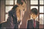  1girl age_difference black_jacket breasts brown_eyes brown_hair child cleavage closed_mouth collared_shirt dated formal highres jacket large_breasts leaning_forward long_hair necktie nose open_mouth original ponytail red_neckwear shirt suit teeth window wing_collar zennosuke 