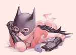  artist_name ass barbara_gordon barefoot batgirl batman_(series) black_gloves dc_comics feet full_body gloves green_eyes highres legs lying mask on_stomach orange_hair ricken signature solo stuffed_animal stuffed_dinosaur stuffed_toy tears the_pose 