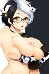  animal_ears animal_print bell bell_collar black_hair blush breast_hold breast_squeeze breasts brown_eyes collar commentary contrast cow_bell cow_ears cow_girl cow_print detached_sleeves ear_tag extra_ears glasses highres lactation large_breasts looking_at_viewer multicolored_hair navel nipples nude open_mouth original short_hair solo tomatto_(@ma!) two-tone_hair white_hair 