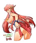  &gt;:) armpits bangs bead_bracelet beads bent_over bracelet breasts character_request commentary covered_nipples cowboy_shot hair_between_eyes highres horns jewelry large_breasts long_hair looking_at_viewer mahjong mahjong_tile misasagi_tasuku no_bra no_panties parted_lips pointy_ears red_eyes red_hair sarong sideboob smile solo v-shaped_eyebrows very_long_hair waku_waku_mahjong_panic!_~shikigami_denshou~ 