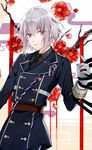  androgynous belt branch buttons collared_shirt flower gloves honebami_toushirou looking_at_viewer male_focus mibu_(1064493753) military military_uniform necktie pale_skin purple_eyes shirt silver_hair solo standing touken_ranbu tree uniform 