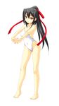  ass_visible_through_thighs bare_legs barefoot beatmania black_hair breasts cleavage collarbone covered_navel dj_sakura full_body hair_ribbon hands_together high_ponytail highleg highres interlocked_fingers kinoshita_ichi long_hair looking_at_viewer medium_breasts one-piece_swimsuit ponytail red_eyes ribbon simple_background solo standing swimsuit v_arms white_background white_swimsuit 