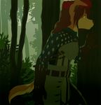  5_fingers akitamonster anthro armor brown_hair brown_nose canine clothed clothing detailed_background dog female forest fur gloves hair mammal solo standing tan_fur tree 