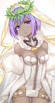  1girl assassin_(fate/prototype_fragments) blush cosplay dark_skin fate/grand_order fate/prototype fate/prototype:_fragments_of_blue_and_silver fate_(series) l.u.y purple_eyes purple_hair saber_bride_(cosplay) short_hair smile solo 