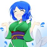  blue_hair breasts closed_eyes colored_eyelashes commentary_request drill_hair green_kimono happy head_fins japanese_clothes kimono large_breasts mermaid monster_girl obi open_mouth sash shunki solo splashing touhou wakasagihime 