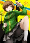  bike_shorts breasts brown_hair fighting_stance green_jacket highres jacket leg_up medium_breasts nemu_(nebusokugimi) open_mouth persona persona_4 satonaka_chie short_hair skirt solo tomboy track_jacket 