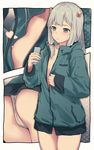  aqua_jacket ass bangs blue_eyes blurry blush bow breasts cellphone censored closed_mouth collarbone commentary_request cowboy_shot eromanga_sensei eyebrows_visible_through_hair furukawa_wanosuke hair_bow heart izumi_sagiri jacket long_hair long_sleeves multiple_views nipple_slip nipples no_bra no_pants open_clothes open_jacket panties phone pink_bow polka_dot self_shot sidelocks silver_hair small_breasts smartphone standing track_jacket underwear white_panties 