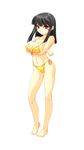  :o bare_legs bare_shoulders barefoot beatmania beatmania_iidx bikini black_hair breast_hold breasts cleavage collarbone crossed_arms expressionless eyebrows_visible_through_hair facial_mark halter_top halterneck heel_raised highres hinazuki_ririna kinoshita_ichi looking_at_viewer medium_breasts navel red_eyes side-tie_bikini simple_background solo standing swimsuit white_background 