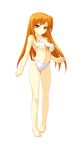  bangs bare_legs barefoot beatmania beatmania_iidx bikini breasts cleavage collarbone eyebrows_visible_through_hair full_body highres kinoshita_ichi long_hair looking_at_viewer medium_breasts navel orange_hair simple_background smile solo standing swimsuit umegiri_iroha white_background yellow_eyes 