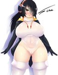  black_hair breasts brown_eyes covered_navel emperor_penguin_(kemono_friends) groin hair_over_one_eye headphones highres hips hood hooded_jacket jacket kemono_friends large_breasts leotard long_hair looking_at_viewer simple_background solo souma_(ordures) thick_thighs thighhighs thighs white_background white_legwear white_leotard 