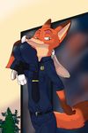  2017 akiric anthro bulge butt canine carrying clothed clothing colored disney duo female fox judy_hopps lagomorph male mammal necktie nick_wilde on_shoulder rabbit romantic_couple simple_background smile zootopia 