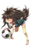  all_fours ball barefoot brown_hair dochi_(soccer_spirits) frown full_body hair_over_eyes highres long_hair male_focus manle official_art soccer_ball soccer_spirits solo striped striped_legwear suspenders transparent_background wristband yellow_legwear 