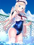  bad_id bad_pixiv_id blonde_hair blue_eyes blue_swimsuit blush breasts chain-link_fence cloud cloudy_sky commentary_request cowboy_shot crop_top day fence from_below gorua_(youce01) hat long_hair looking_at_viewer one-piece_swimsuit open_mouth original pool sailor_collar sailor_hat school_swimsuit school_uniform serafuku shiny shiny_clothes shirt skindentation sky sleeveless sleeveless_shirt small_breasts solo swimsuit thighhighs thighs wading water wet wet_clothes wet_swimsuit white_legwear 