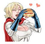  blonde_hair breasts cape cleavage cleavage_cutout closed_eyes dc_comics food hamburger heart large_breasts lowres open_mouth power_girl ricken smile solo superhero transparent_background upper_body 