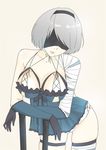  ass_visible_through_thighs asymmetrical_clothes bandaged_arm bandaged_leg bandages bangs bare_shoulders black_gloves black_hairband black_ribbon blindfold blue_dress breasts brown_legwear cleavage collarbone cosplay covered_eyes cowboy_shot dress elbow_gloves facing_viewer frilled_panties frills gloves grey_hair hairband highres kaine_(nier) kaine_(nier)_(cosplay) large_breasts leaning_forward leaning_on_object legs_apart lingerie lips medium_breasts mole mole_under_mouth negligee nier nier_(series) nier_automata nose panties pink_lips ribbon sash short_hair simple_background solo standing strap_gap swept_bangs sword takeya_(pixiv6774655) thighhighs underwear weapon white_panties yorha_no._2_type_b 